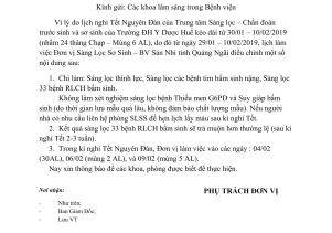 Lịch làm việc Đơn vị Sàng Lọc Sơ Sinh – BV Sản Nhi tỉnh Quảng Ngãi trong dịp Tết Nguyên Đán 2019