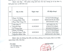 BẢNG PHÂN CÔNG TRỰC LỰC LƯỢNG TỰ VỆ NGÀY NGHỈ LỄ QUỐC KHÁNH 2/9/2019 TẠI BỆNH VIỆN