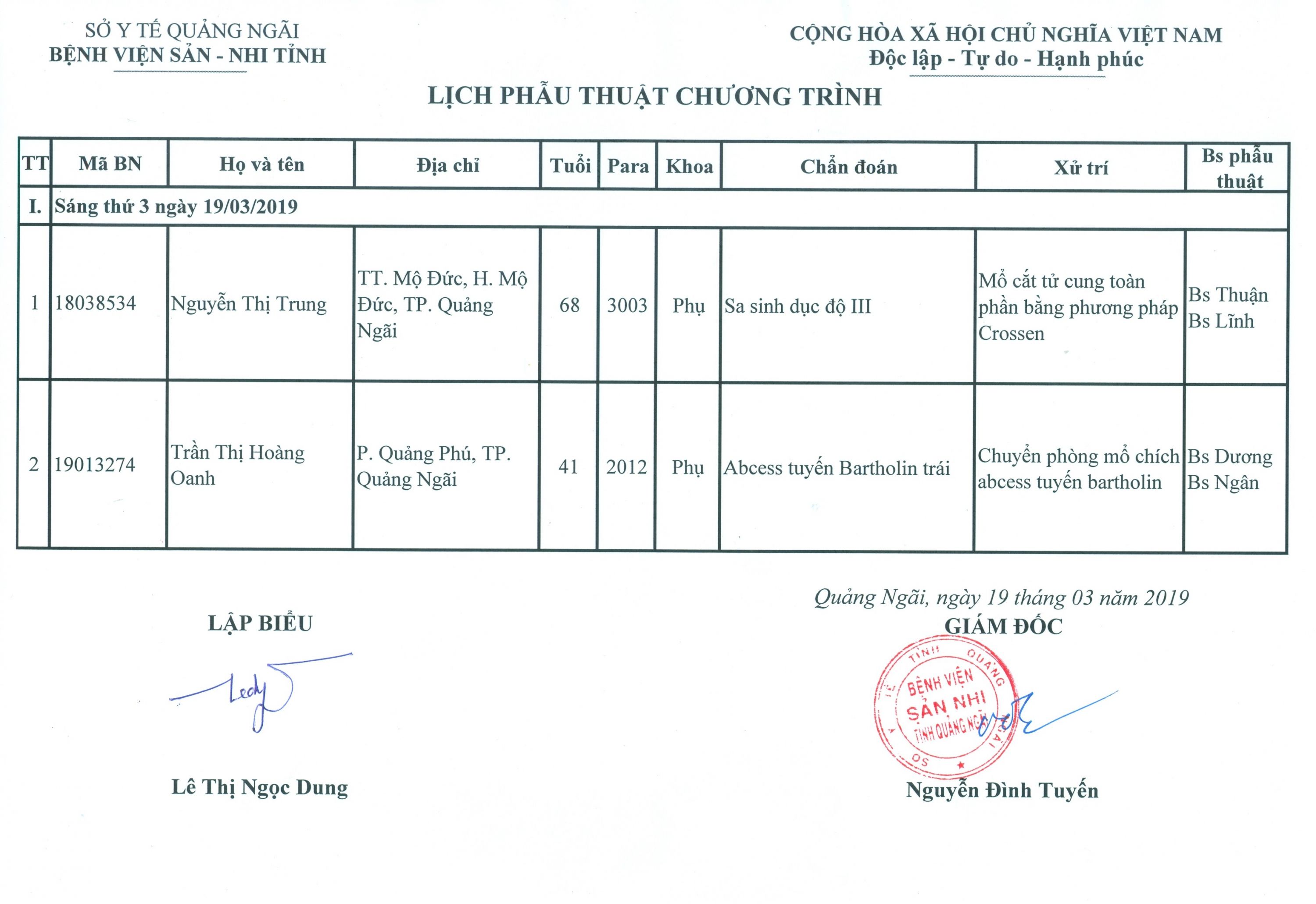 Lịch mổ chương trình tuần 3 tháng 03 năm 2019